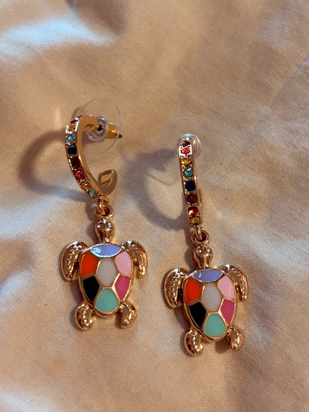 Free People Gold Rainbow Turtle Drop Huggie Hoop Earrings Enamel